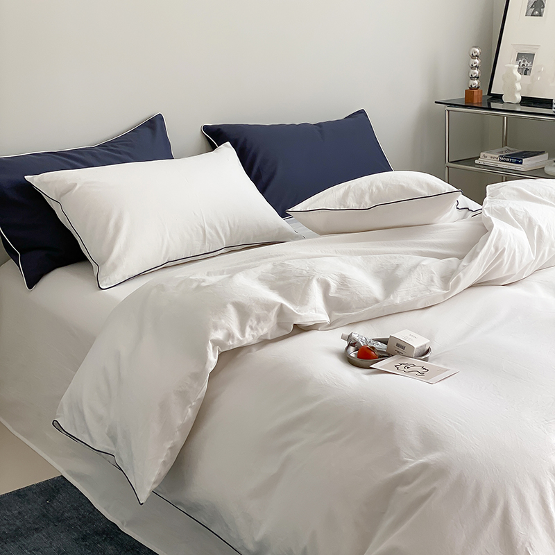 ins北欧简约全棉水洗棉四件套纯棉被套床单三件套床笠款床上用品 1.5m床单款四件套 嵌线-白色