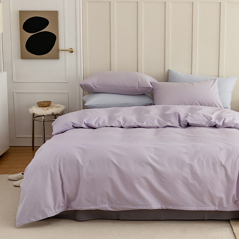 新品北欧风简约纯色全棉水洗棉四件套纯棉床单被套拼色三件套床上用品 1.2m-1.35m床单款单件套 千夏紫-水貂灰