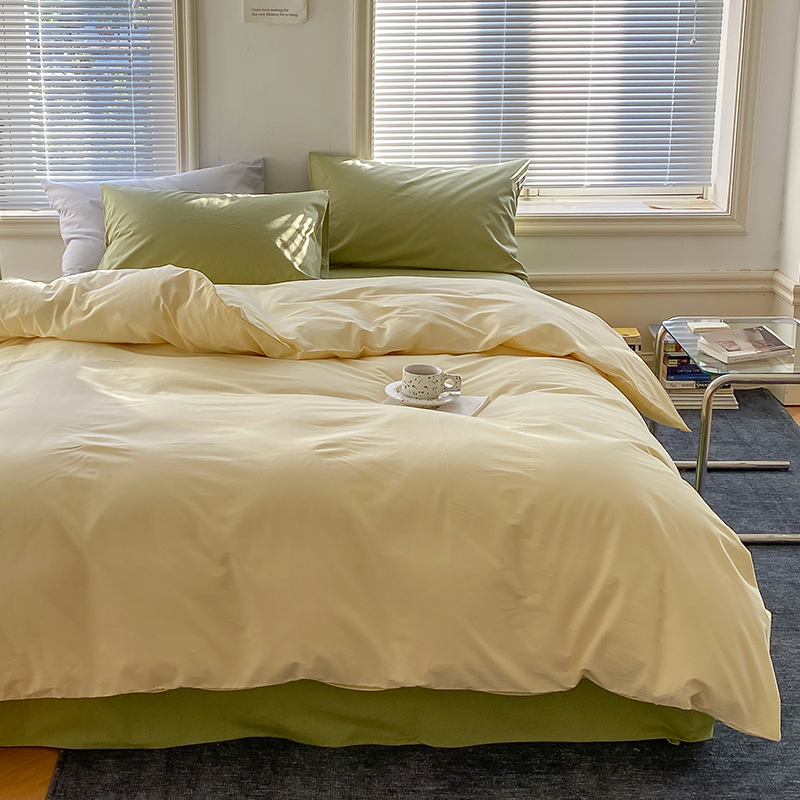 新品水洗棉纯棉四件套全棉床单被套双面可用床笠床上用品北欧简约 1.8床单（被套200*230，床单245*270，枕套48*74*2） 鹅黄-牛油果