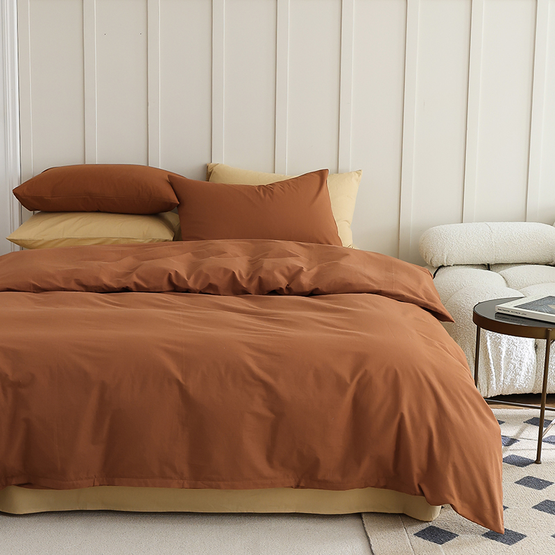 新品水洗棉纯棉四件套全棉床单被套双面可用床笠床上用品北欧简约 1.8床单（被套200*230，床单245*270，枕套48*74*2） 焦糖-奶茶