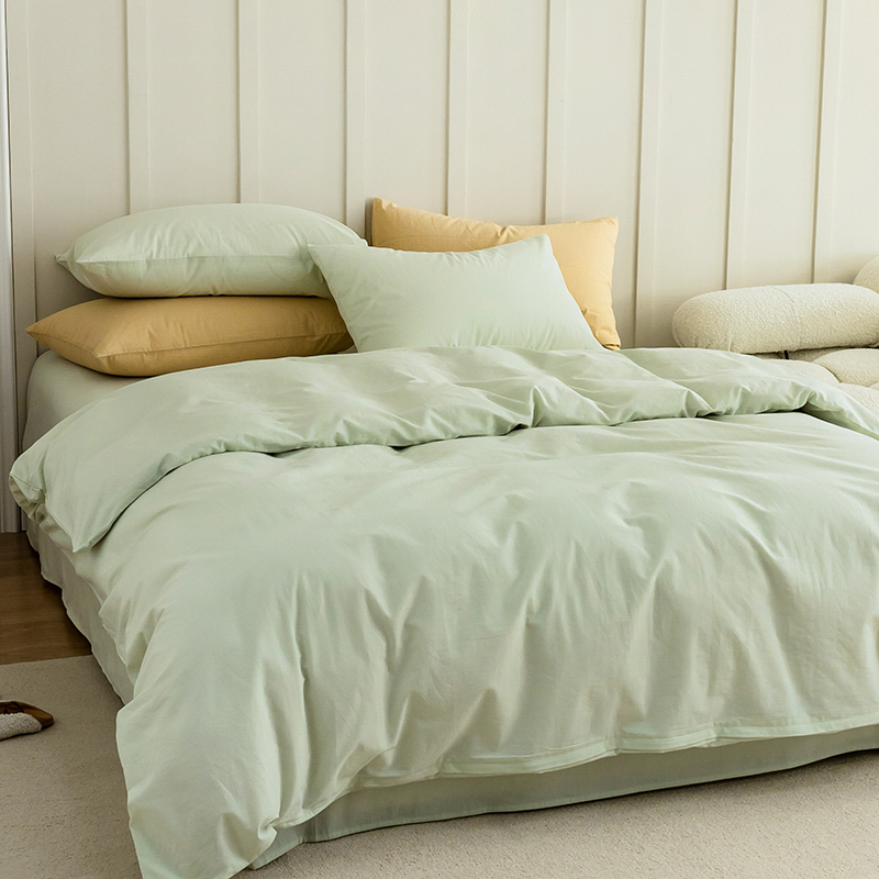 新品水洗棉纯棉四件套全棉床单被套双面可用床笠床上用品北欧简约 1.8床单（被套200*230，床单245*270，枕套48*74*2） 螺旋藻绿