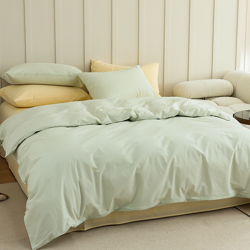 新品水洗棉纯棉四件套全棉床单被套双面可用床笠床上用品北欧简约 1.8床单（被套200*230，床单245*270，枕套48*74*2） 螺旋藻绿-鹅黄