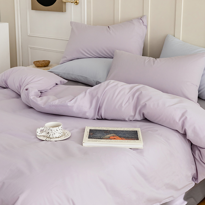 新品水洗棉纯棉四件套全棉床单被套双面可用床笠床上用品北欧简约 1.8床单（被套200*230，床单245*270，枕套48*74*2） 千夏紫-水貂灰