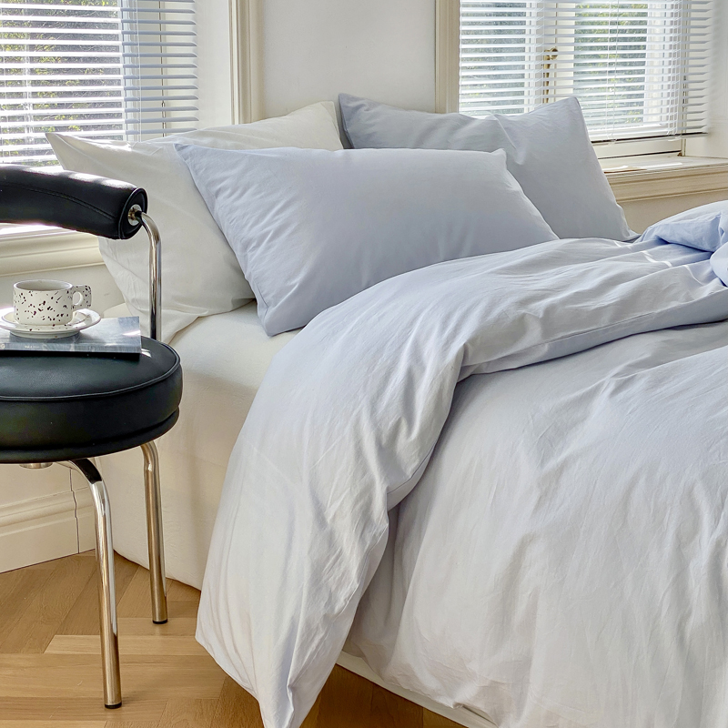 新品水洗棉纯棉四件套全棉床单被套双面可用床笠床上用品北欧简约 1.8床单（被套200*230，床单245*270，枕套48*74*2） 浅蓝-白