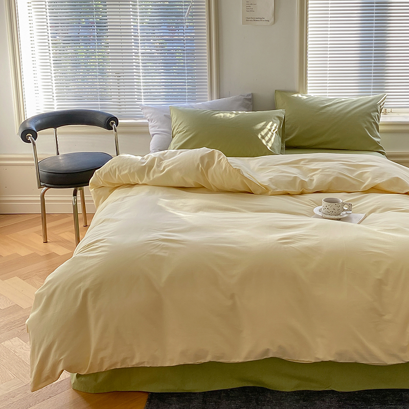 新品北欧风简约纯色全棉水洗棉四件套纯棉床单被套拼色三件套床上用品 1.2m床单款三件套 鹅黄-牛油果