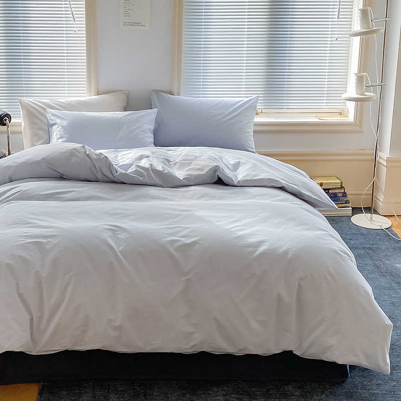 新品北欧风简约纯色全棉水洗棉四件套纯棉床单被套拼色三件套床上用品 0.9m床单款三件套 浅蓝-藏青