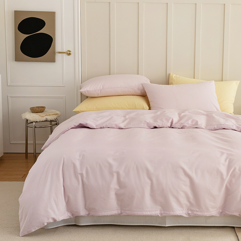 新品北欧风简约纯色全棉水洗棉四件套纯棉床单被套拼色三件套床上用品 1.2m床单款三件套 微微紫-白