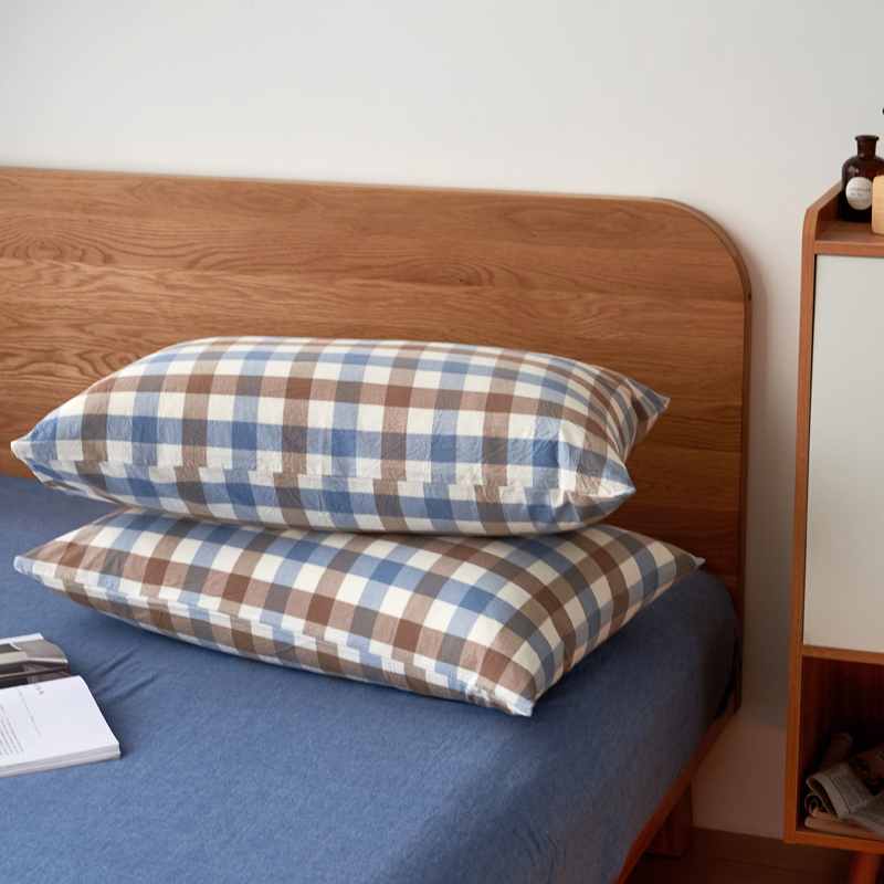 高品质高支高密色织全棉枕套纯棉单人枕头套学生宿舍枕巾枕头罩一对装 48cmX74cm（一对） 蓝白中格