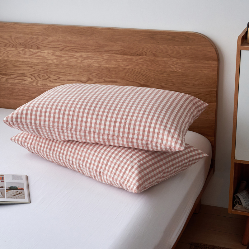 高品质高支高密色织全棉枕套纯棉单人枕头套学生宿舍枕巾枕头罩一对装 48cmX74cm（一对） 蜜粉小格