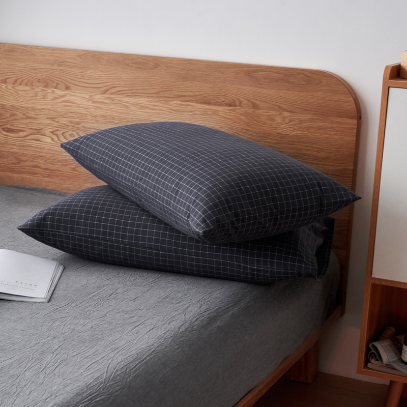 高品质高支高密色织全棉枕套纯棉单人枕头套学生宿舍枕巾枕头罩一对装 48cmX74cm（一对） 黑格