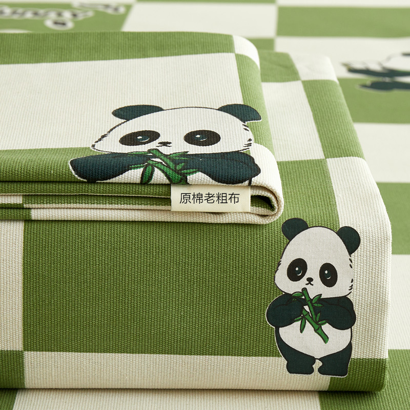 2024新款原棉活性印染老粗布床单 120*240 绿格熊猫