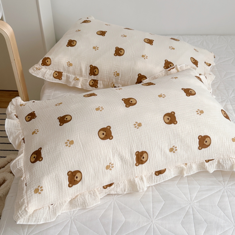 2023新款双层水洗皱皱纱布草木染棉花糖系列枕套 成人枕套48×74cm一对 巧克力熊
