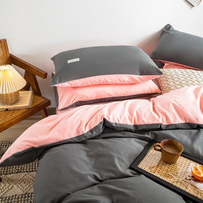 2022新款纯色双拼雅棉套件--单品枕套系列 48*74cm枕套/对 中灰+粉色
