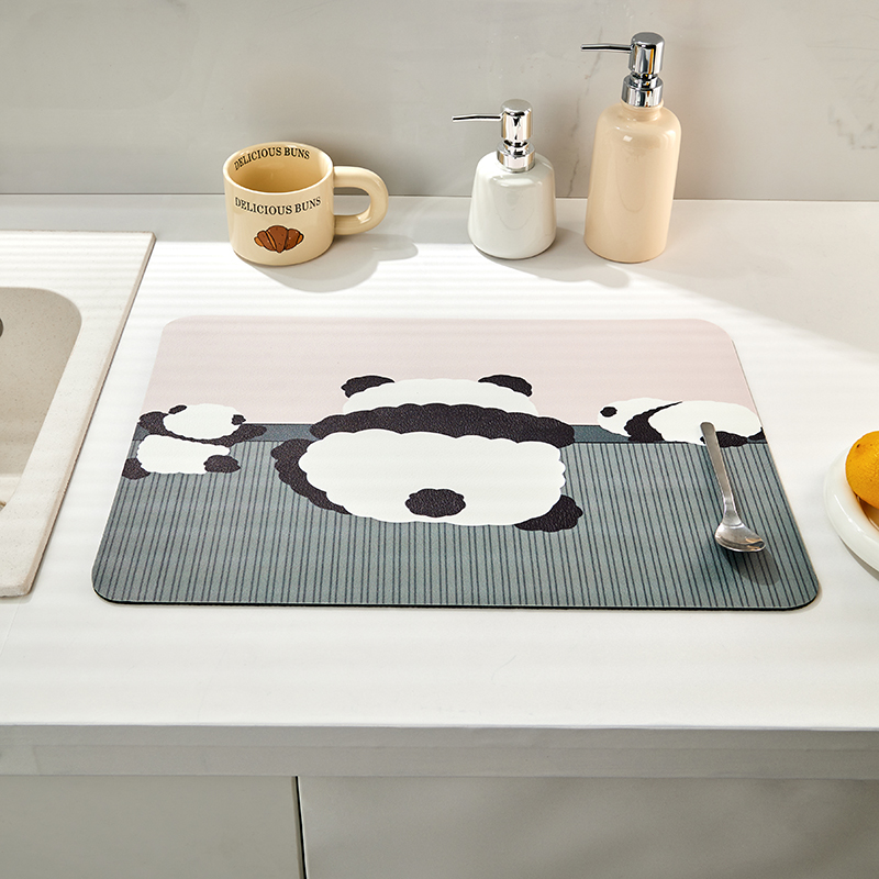 2023新款卡通厨房沥水垫吧台软硅藻泥水杯垫茶台垫子干燥垫咖啡机吸水垫 30*40cm 熊猫爬墙