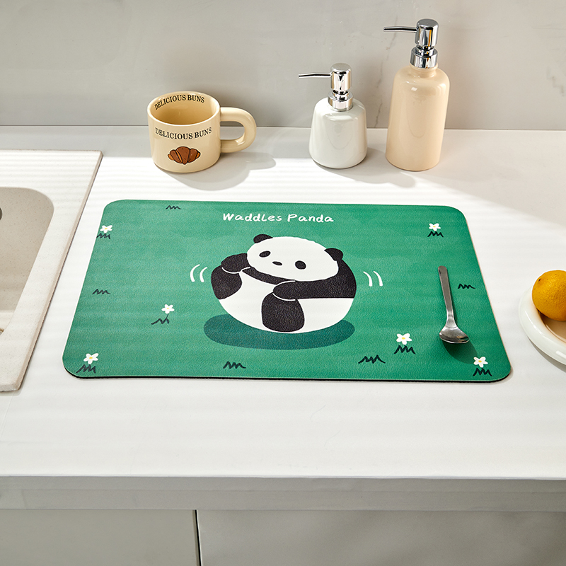 2023新款卡通厨房沥水垫吧台软硅藻泥水杯垫茶台垫子干燥垫咖啡机吸水垫 40*60cm 熊猫滚滚