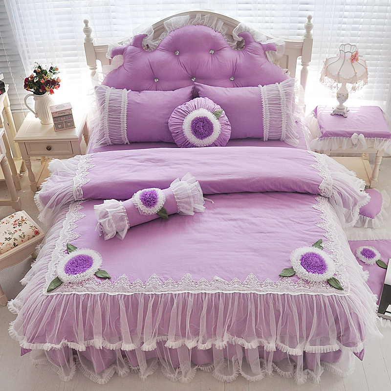 2019新品全棉：素色公主风系列全棉花儿朵朵床罩款四件套 1.2米：床裙三件套 花儿朵朵紫