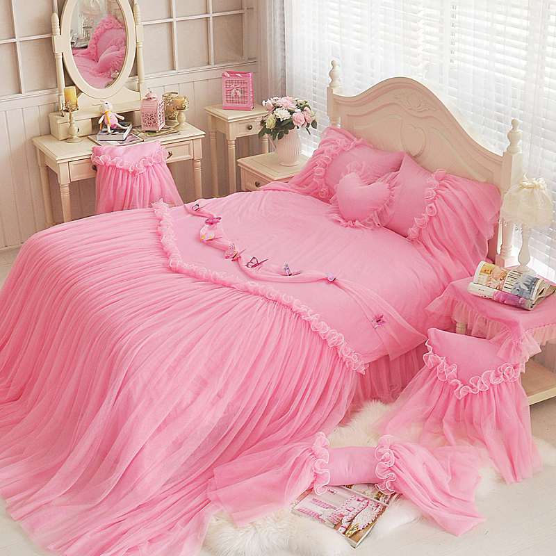 2019新品全棉：素色公主风系列全棉灰姑娘床罩款四件套 1.2米：床裙三件套 灰姑娘粉