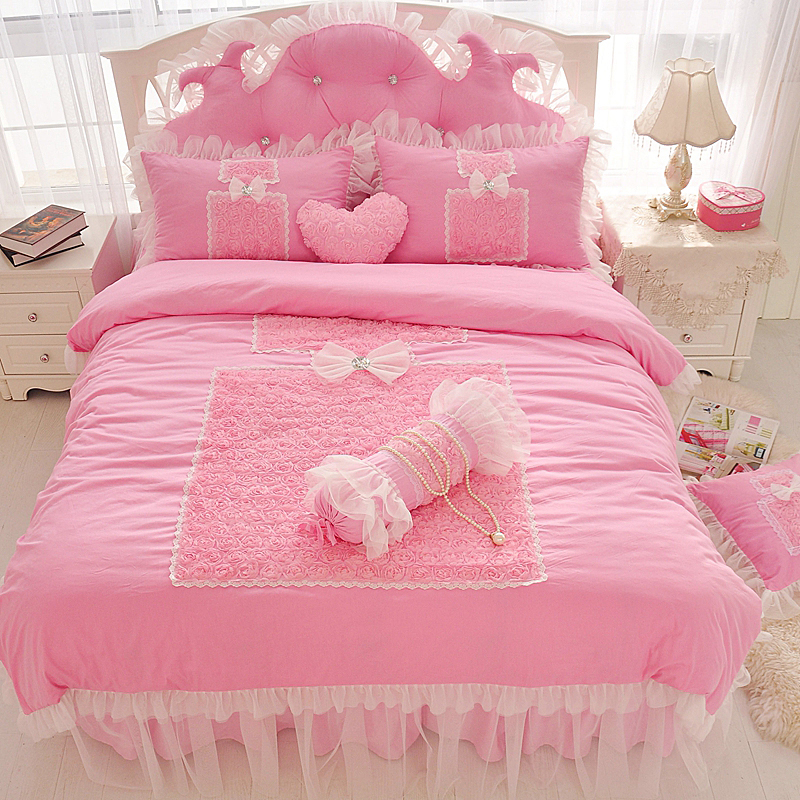 2019新品全棉：素色公主风系列全棉香水玫瑰床罩款四件套 1.2米：床裙三件套 香水玫瑰全粉