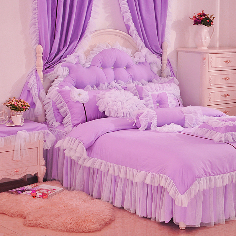 2019新品全棉：素色公主风系列全棉向日葵之恋床罩款四件套 1.2米：床裙三件套 向日葵之恋紫