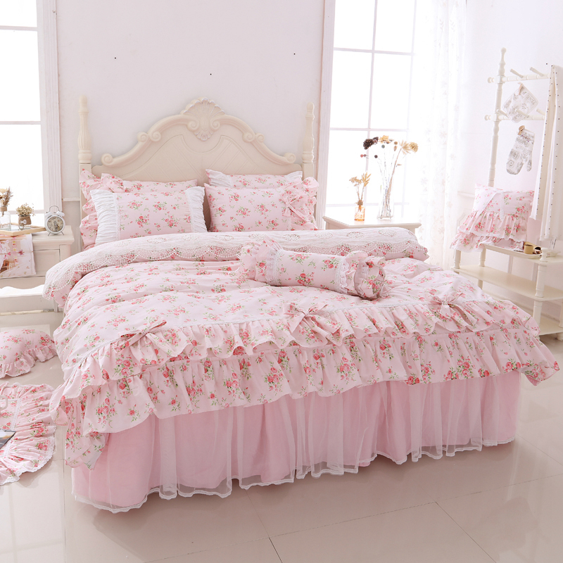 2019新品全棉：印花蕾丝系列浪漫满屋床罩款四件套 1.5米：床裙四件套 浪漫满屋粉色款
