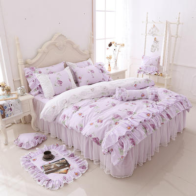2019新品全棉：印花蕾丝系列浪漫满屋床罩款四件套 1.8米：床裙四件套 浪漫满屋紫色款