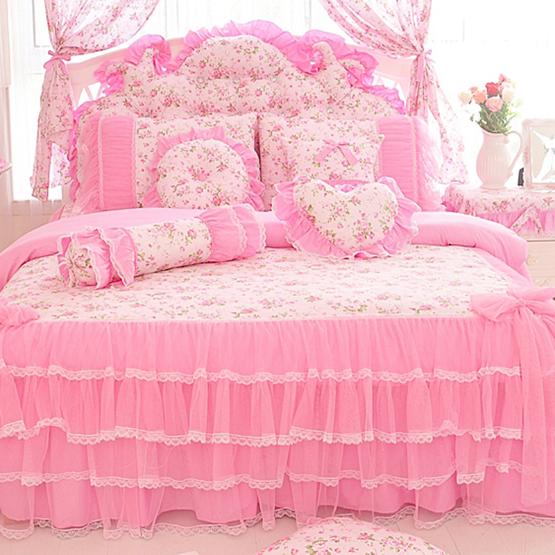 2019新品全棉：印花蕾丝系列梦幻花园-粉床罩款四件套 1.2米：床裙三件套 梦幻花园-粉