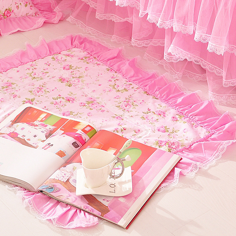 2019新品全棉：印花蕾丝系列梦幻花园-粉床罩款四件套 1.5米：床裙四件套 地垫可配对应花色
