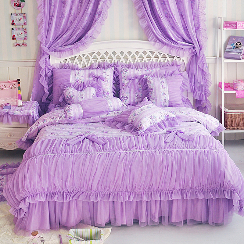 2019新品全棉：印花蕾丝系列风铃草床罩款四件套 1.2米：床裙三件套 风铃草-紫