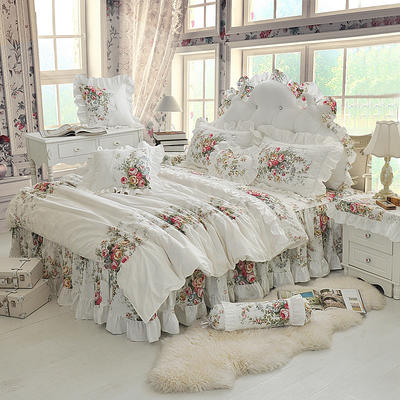 2019新品全棉：印花蕾丝系列浪漫花影床罩款四件套 1.2米：床裙三件套 浪漫花影