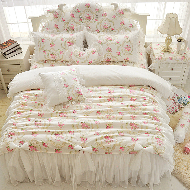 2019新品全棉：印花蕾丝系列秘密花园床罩款四件套 1.2米：床裙三件套 秘密花园白