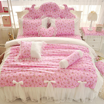 2019新品全棉：印花蕾丝系列秘密花园床罩款四件套 1.2米：床裙三件套 秘密花园粉
