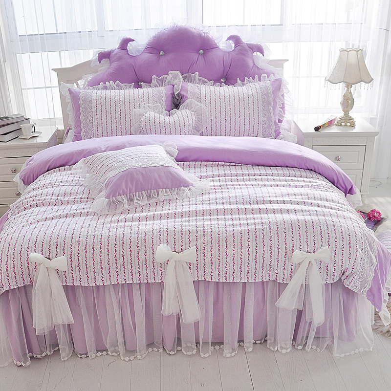2019新品全棉：印花蕾丝系列秘密花园床罩款四件套 1.2米：床裙三件套 秘密花园紫