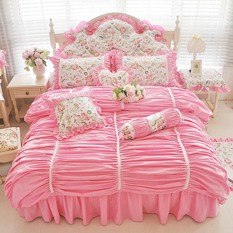 2019新品全棉：印花蕾丝系列花颜床罩款四件套 1.2米：床裙三件套 花颜粉色