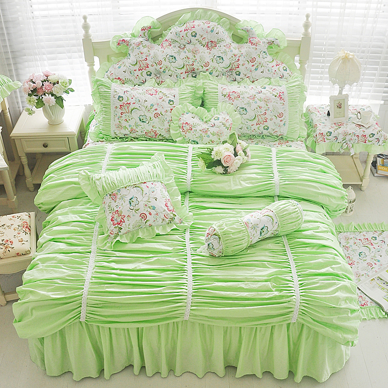 2019新品全棉：印花蕾丝系列花颜床罩款四件套 1.2米：床裙三件套 花颜果绿