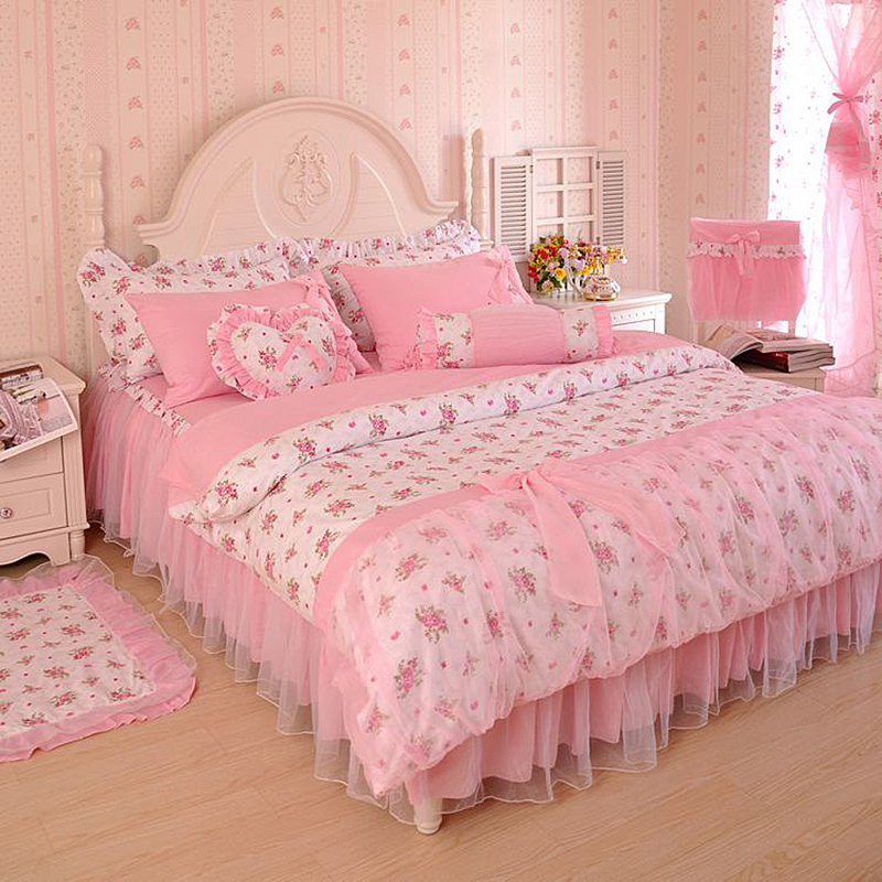 2019新品全棉：印花蕾丝系列粉色恋人床罩款四件套 1.2米：床裙三件套 粉色恋人