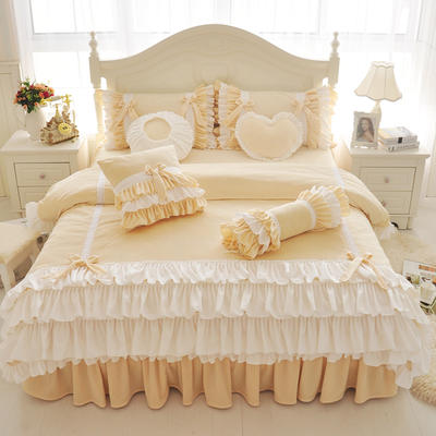 2019新品水晶绒：素色盘花系列菲儿床罩款四件套 1.2米：床裙三件套 黄白