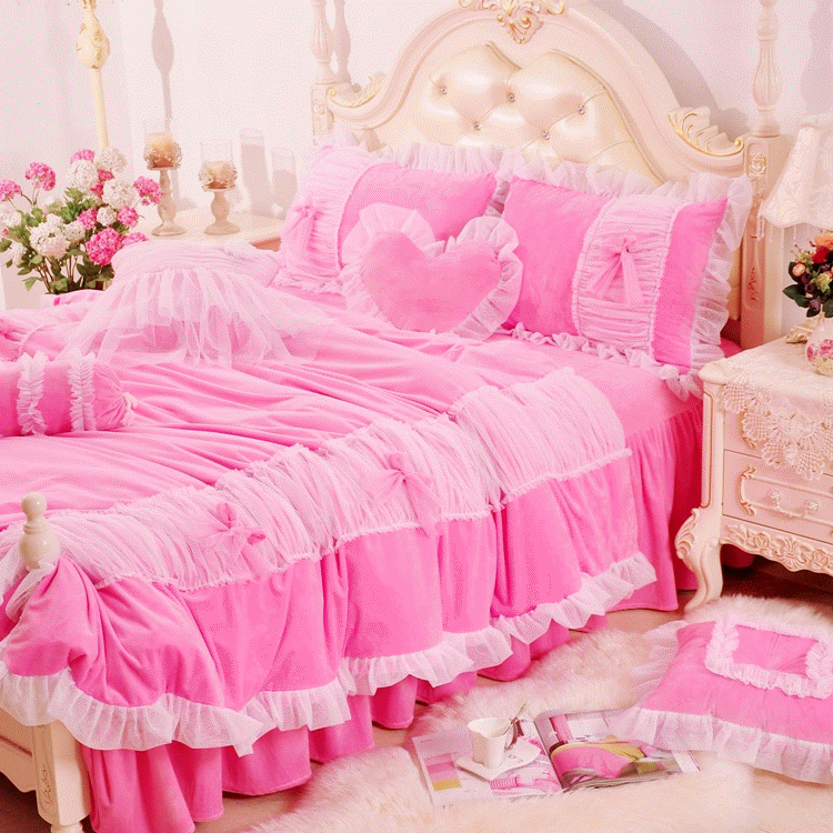 2019新品水晶绒：素色盘花系列红粉妖娆床罩款四件套 1.2米：床裙三件套 红粉妖娆