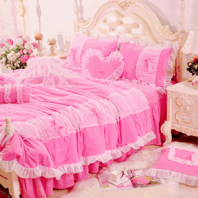 2019新品水晶绒：素色盘花系列红粉妖娆床罩款四件套 1.2米：床裙三件套 红粉妖娆