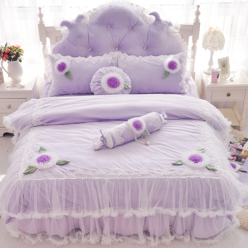 2019新品水晶绒：素色盘花系列花儿朵朵床罩款四件套 1.2米：床裙三件套 花儿朵朵紫