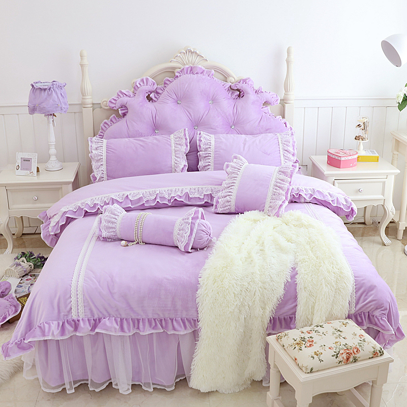 2019新品水晶绒：素色盘花系列自由女神床罩款四件套 1.2米：床裙三件套 自由女神紫