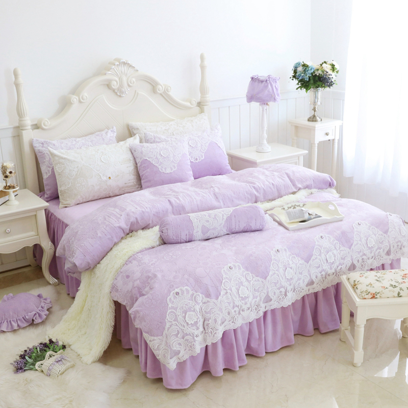 2019新品水晶绒：压花蕾丝系列流光溢彩床罩款四件套 1.2米：床裙三件套 流光溢彩紫色