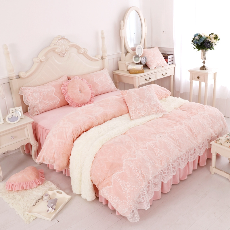 2019新品水晶绒：压花蕾丝系列唯美床罩款四件套 1.2米：床裙三件套 唯美粉色