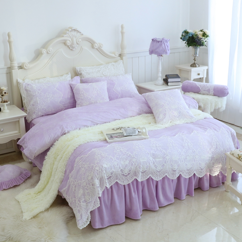 2019新品水晶绒：压花蕾丝系列唯美床罩款四件套 1.2米：床裙三件套 唯美紫色