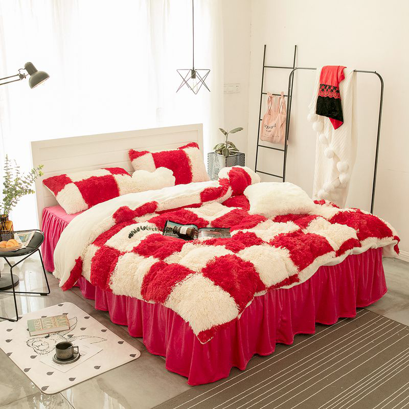 2019新款水貂绒：素色简约系列床罩款四件套 1.2米：床裙三件套 水貂绒红格子