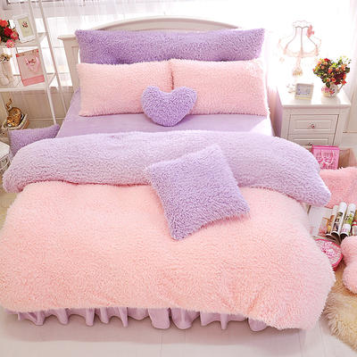 2019新款山羊绒：多拼色系列多拼色床罩款四件套 1.2米：床裙三件套 粉紫双拼