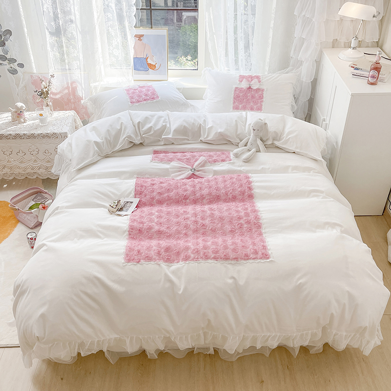 2019新品全棉：素色公主风系列全棉香水玫瑰床罩款四件套 1.2米：床裙三件套 香水玫瑰白