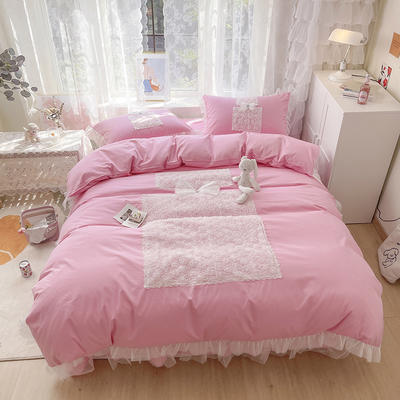 2019新品全棉：素色公主风系列全棉香水玫瑰床罩款四件套 1.2米：床裙三件套 香水玫瑰粉