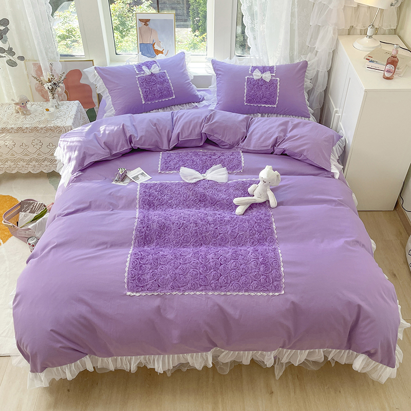 2019新品全棉：素色公主风系列全棉香水玫瑰床罩款四件套 1.2米：床裙三件套 香水玫瑰紫色