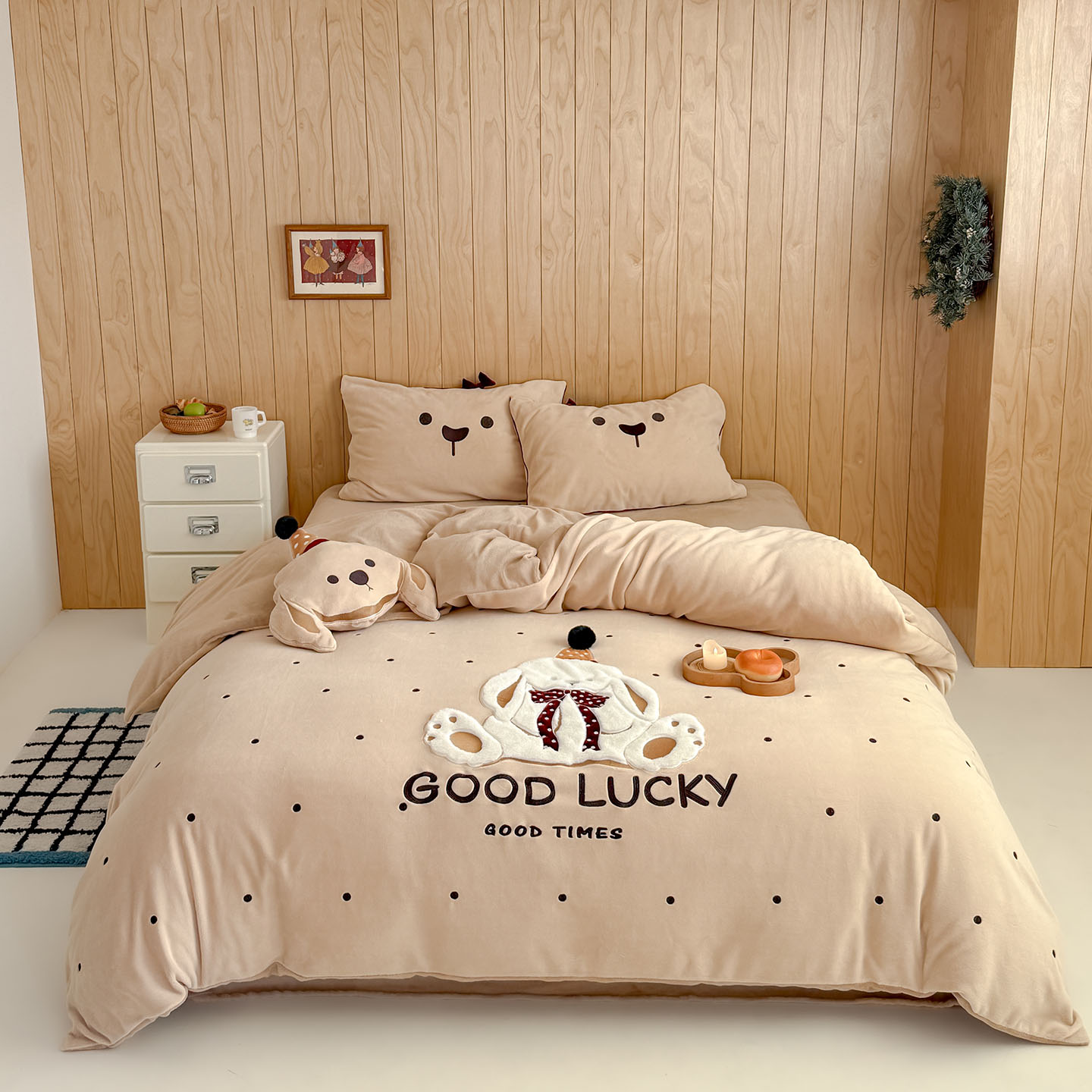 2025新款牛奶绒贴布绣四件套-可可软萌兔 可可软萌兔-咖