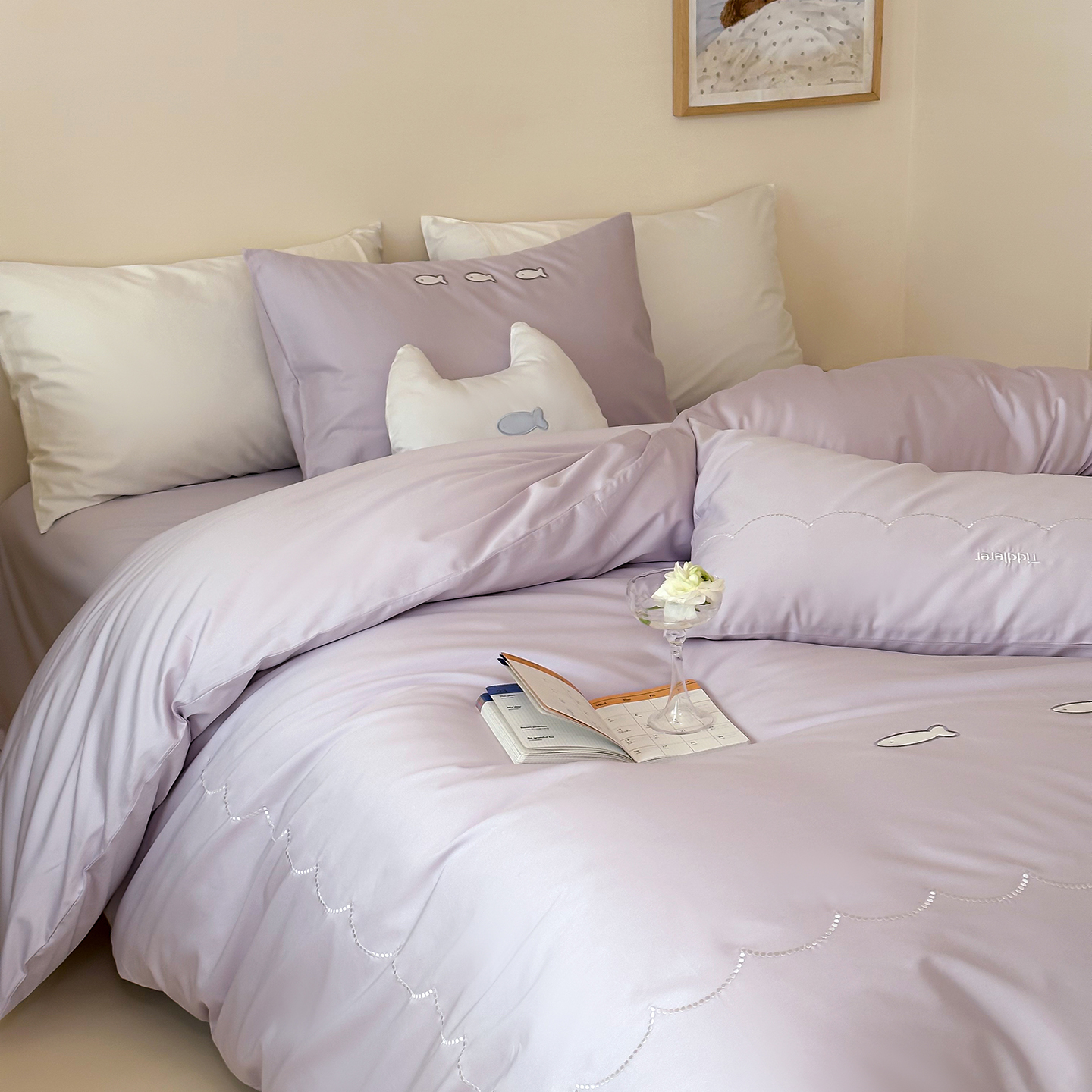 2026新款100S长绒棉刺绣四件套-萌趣小鱼 萌趣小鱼-紫